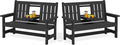 SERWALL Outdoor Bench with Cup Holder, 58" HDPE Garden Park Bench Suitable for 3 Person, All Weather Patio Benches with High Backrest and Wide Armrests for Garden, Park, Yard, Front Porch, Black