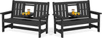 SERWALL Outdoor Bench with Cup Holder, 58" HDPE Garden Park Bench Suitable for 3 Person, All Weather Patio Benches with High Backrest and Wide Armrests for Garden, Park, Yard, Front Porch, Black