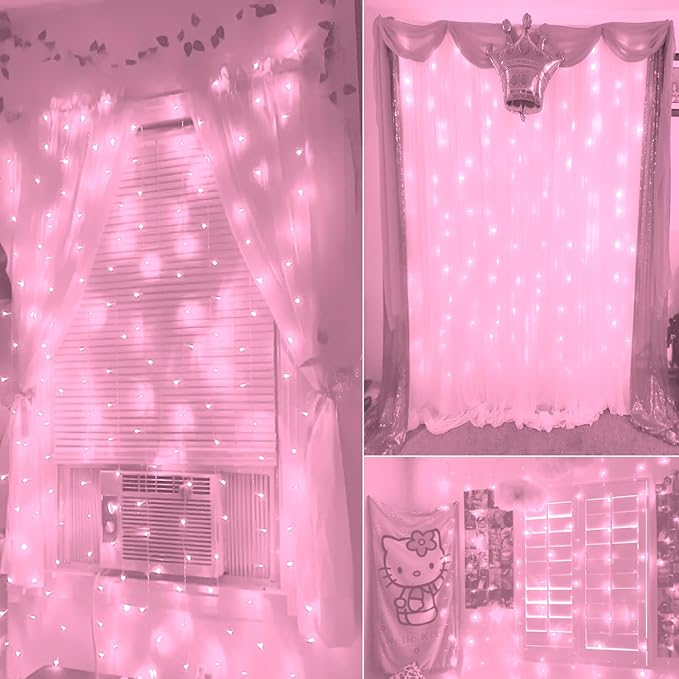 Indoor String Lights, Pink LED Curtain Lights, 8 Blinking Modes, 6.6 x 6.6 ft