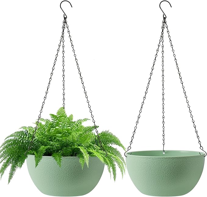 T4U 10 Inch Hanging Planters for Indoor Outdoor Plants, 2 Pack Plastic Hanging Planter, Indoor Hanging Plant Pots, Hanging Basket with Drainage Holes, Flower Pots for Garden Home Decor，Green
