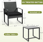 3 Piece Wicker Patio Bistro Set, Rattan Conversation Set with Coffee Table, for Balcony, Porch, Garden, Yard, Poolside, Black Frame with Black Cushion