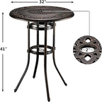 VINGLI 3 Piece Outdoor Patio Bar Set, Cast Aluminum Outdoor Swivel Bar Stools and Table w/Umberlla Hole, All-Weather Outdoor Bar Table and Chairs High Top Bistro Set w/Cushions (Grid Back)