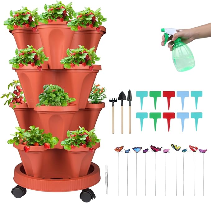 Vertical Planter 4 Tier Stackable Planters Garden Planters Strawberry Herb Flower and Vegetable Planter Indoor Outdoor Gardening Pots with Removable Wheels and Tools