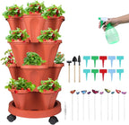 Vertical Planter 4 Tier Stackable Planters Garden Planters Strawberry Herb Flower and Vegetable Planter Indoor Outdoor Gardening Pots with Removable Wheels and Tools