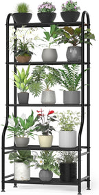 5-Tier Metal Plant Stand Indoor Outdoor, Waterproof Flower Stand for Multiple Pots, Heavy Duty Plant Stands for Living Room Patio Garden Decor, Tall Plant Shelf with Leveling Feet, Black