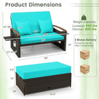 Tangkula Patio Rattan Daybed with 4-Level Adjustable Backrest, Outdoor Wicker Loveseat with Acacia Wood Armrest, Storage Ottoman & Folding Tray, Double Sunbed for Balcony, Yard & Poolside (Turquoise)