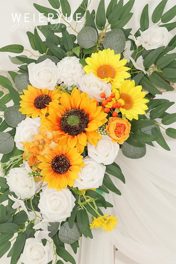 Artificial Flowers Wedding Arch Swag Kit, 3-Piece with White Chiffon Drape