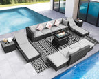 NICESOUL 13 Piece Outdoor Furniture with Fire Pit, Gray Wicker Patio Sectional with Fire Pit & Chaise Lounge, Modular 29.3" Highback Large Size Sectional Sofa for Outside Pool Backyard