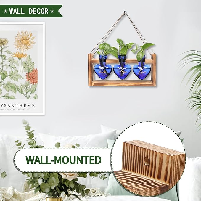 Terrarium Set with Heart Shaped Glass Vases, Wood Stand, Blue