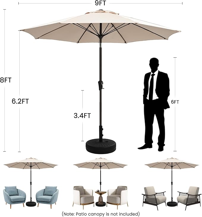 Ayge 9FT Large Outdoor Patio Umbrella Market Table Umbrella-UV Resistant, Easy Push Button Tilt and Crank, 8 Sturdy Fiberglass Ribs Heavy-Duty Pool Umbrella for Deck, Backyard,Garden,Light Grey