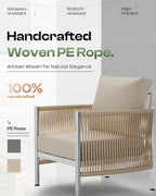 Aluminum Outdoor Sofa Armchair, HDPE Rope Patio Couch with Washable Thick Cushion, All-Weather Outdoor Patio Chairs Set of 2 for Balcony, Yard, Silver Frame, Beige