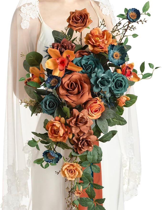Artificial Bridal Bouquet with Pearls, Teal and Orange Silk Flowers