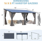 AECOJOY 16' x 8' Gazebo Outdoor Pergola with Curtains and Netting, 8'x16’ Hard Top Lean to Pergolas and Gazebos Clearance with Patio Roof Shelter, Large Wall-Mounted Heavy Duty Metal Awnings for Patio