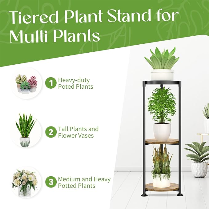 iDavosic.ly 3 Tier Corner Plant Stand Indoor, 34 Inch Tall Vertical Metal Flower Heavy Duty Pot Holder Shelf Outdoor for Patio Porch Living Room, Modern Black & Rustic Brown - Round