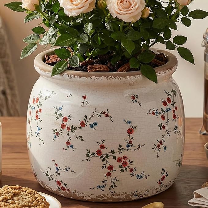 Cottagecore Ceramic Plant Pots, 6.29in French Country Floral Vase & Planters Indoor with Drainage, Distressed Cottage Farmhouse Home Decor for Balcony Bookshelf Table Centerpieces, Gifts for Grandma