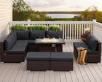 NICESOUL 10 Piece Outdoor Patio Furniture Set with Fire Pit Natural Gas/Propane, 29.3'' High-Back XL Big Size Wicker Sectional Sets, Deep Wide Sofa Couch for Outside, Brown Rattan and Grey Cushion