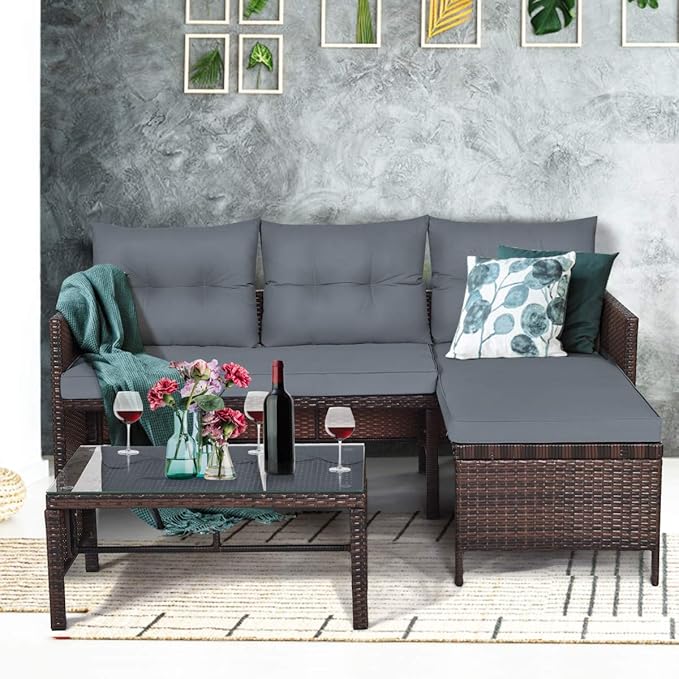 Patio Conversation Set, 3 Piece Grey Wicker L-Shape Sectional