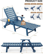 Carauci Lounge Chair Outdoor Set of 4, HDPE Chaise Lounge with Wheels, 5-Position Adjustable Backrest & 2 Cup Holders Patio Lounge Chair, All-Weather Pool Sun Lounger for Poolside, Backyard, Blue