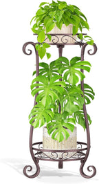 LASZOLA 2 Tier Bronze Metal Plant Stand for Multiple Large Planters Indoor Outdoor Organizer, Heavy Duty Tall Flower Stand for Corner Patio Bathroom Office, Modern Sturdy Vertical Iron Rack, Cat Proof