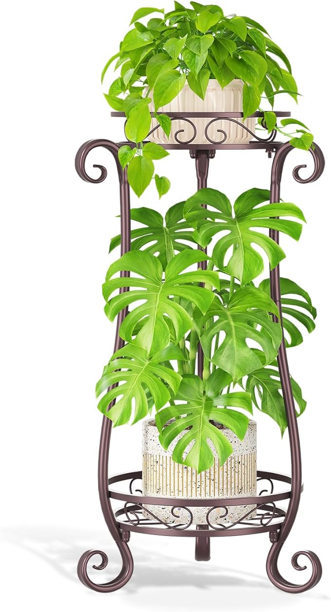 LASZOLA 2 Tier Bronze Metal Plant Stand for Multiple Large Planters Indoor Outdoor Organizer, Heavy Duty Tall Flower Stand for Corner Patio Bathroom Office, Modern Sturdy Vertical Iron Rack, Cat Proof
