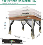 COBIZI Gazebo 13x13 Pop Up Canopy, Gazebos on Clearance - Canopy Tent with Mosquito Netting for Lawn, Garden, Backyard & Patio - Carpas para Patio- Water Resistant and UPF50+ (Khaki)