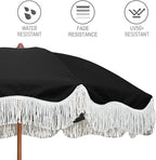 AMMSUN Boho Fringe Umbrella Outdoor Patio, 6.5ft UPF50+ Picnic Umbrella with Tassels with Steel Pole and Push Button Tilt, Noble Black