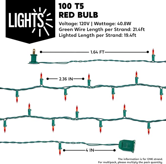 Indoor String Lights, 42.8 FT Red Incandescent Set with 200 T5 Bulbs