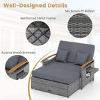 Tangkula Patio Rattan Daybed with 4-Level Adjustable Backrest, Outdoor Wicker Loveseat with Acacia Wood Armrest, Storage Ottoman & Folding Tray, Double Sunbed for Balcony, Backyard & Poolside (Grey)