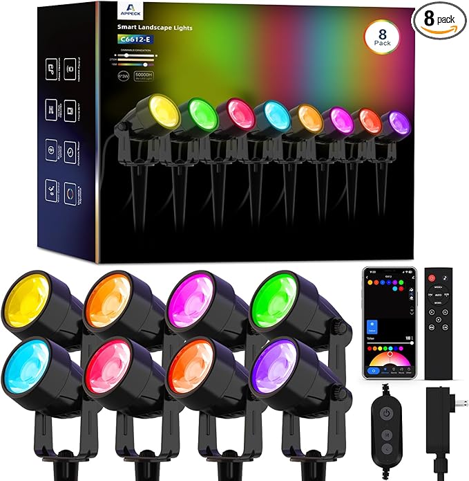 APPECK Landscape Lighting, RGBW Color Changing Low Voltage Landscape Lights with APP Control, IP65 Waterproof Outdoor Spotlights for Garden Yard Outside Decoration, 8 Pack