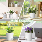 4 inch Self Watering Pots for Indoor Outdoor Plants, 6 Pack Plastic Flower Planters with Drainage Holes and Removable Saucers, Plant Pots with Wicking Rope, Modern Decor, White