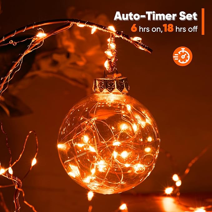 Indoor String Lights, Battery Powered Orange LED, 65.6 Ft Remote Control