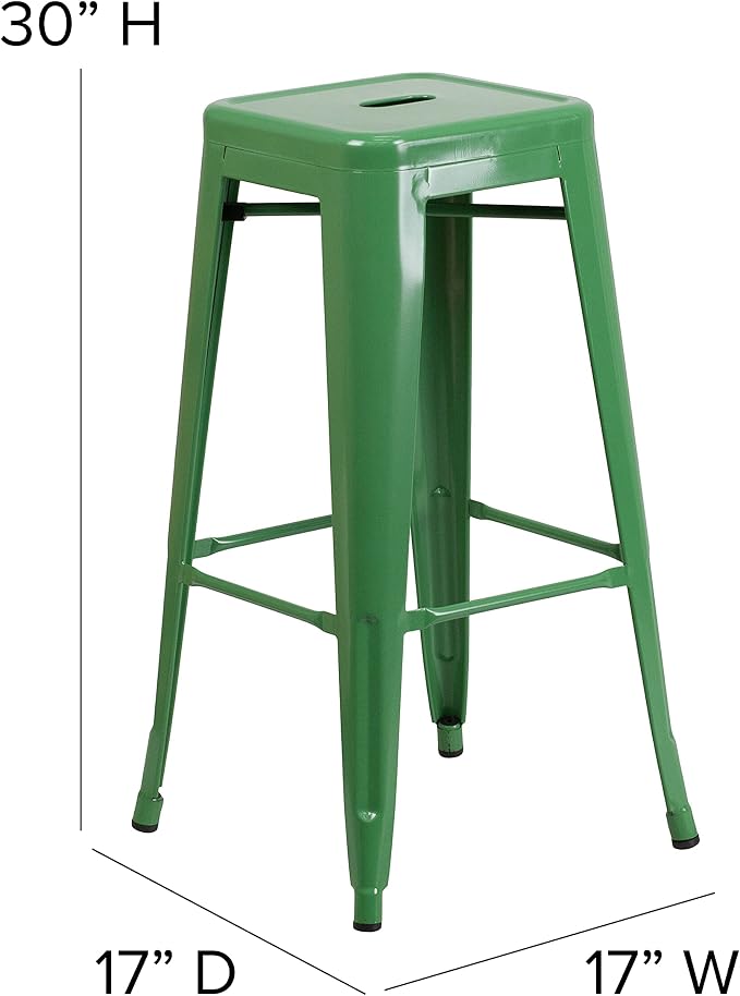 Backless Bar Stool, 30" Green Galvanized Steel Indoor-Outdoor