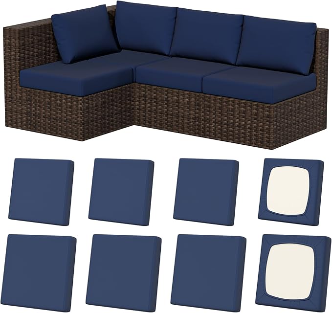 Cushion Covers for Patio Chairs, Navy Blue Stretch Fit, 8 Pack