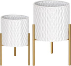 ARNIS Plants Pots with Stand, Set of 2 Planters, Unique Mid Century Decorative Metal Flower Pots with Drainage, 10.5 & 12.25 Inch, White and Gold