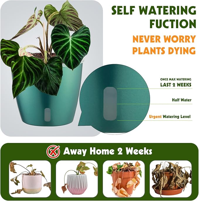 Self Watering Pots for Indoor Plants, 4-Pack 6.7'' Self Watering Planter with Drainage Holes, Small African Violet Pots with Water Indicator, Clear Wick Orchid Pot, Blue Gold