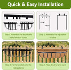 Halatool 2 Pack Heavy-Duty Metal Deck Railing Planter Box, 24 Inch Rust-Resistant Window Boxes Planters with Coco Liner & Adjustable Brackets, Grow More On Your Balcony, Patio & Fence