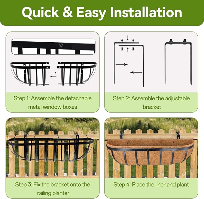 Halatool 2 Pack Heavy-Duty Metal Deck Railing Planter Box, 24 Inch Rust-Resistant Window Boxes Planters with Coco Liner & Adjustable Brackets, Grow More On Your Balcony, Patio & Fence
