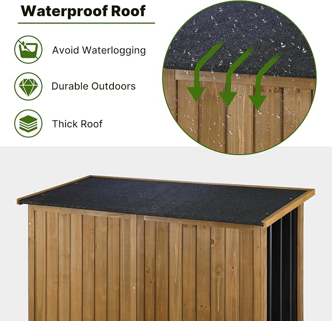 Storage Shed Cabinet, Brown Wood & Metal with Rain-Resistant Roof