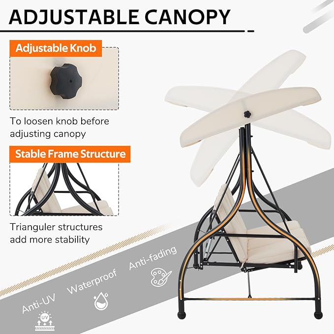 U-MAX Porch Swing Chair with Adjustable Backrest&Canopy, 3 Seat Patio Swing with Canopy 2-in-1 Convertible Outdoor Swing with Canopy Patio Daybed with Removable Beige Cushions for Adults