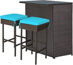 Tangkula Patio Bar Set, 3 Piece Outdoor Rattan Wicker Bar Set with 2 Cushions Stools & Glass Top Table, Outdoor Furniture Set for Patios Backyards Porches Gardens Poolside (Turquoise)