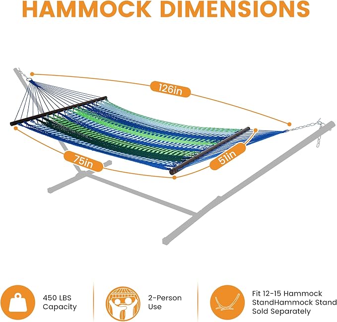 Lazy Daze Hammocks 10.5 FT Double 2 Person Caribbean Rope Hammock, Hand Woven Polyester Hammock with Spreader Bars, for Outside Outdoor Backyard Patio Poolside, 450 LBS Capacity, Blue/Green