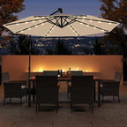Tangkula 10ft Solar LED Patio Umbrella with Base, Offset Cantilever Outdoor Umbrella with 32 LED Lights, Infinite Tilt, 360 Degree Rotation, Crank Handle for Pool Deck Garden Backyard (Beige)