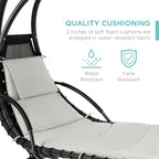 Best Choice Products Outdoor Hanging Curved Steel Chaise Lounge Chair Swing w/Built-in Pillow and Removable Canopy - White Sand