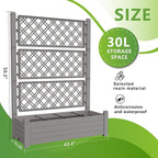Raised Garden Bed with Trellis for Climbing Plants, 43.43" L x 18.27" W x 59.29" H Self Watering Planter Box with Drainage Holes for Outdoor Backyard Patio Balcony, Anti-Rust Resin (Grey)