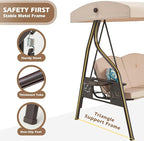 3-Seat Outdoor Porch Swing with Stand, Patio Swing with Canopy, 2 in 1 Porch Swing Bed & Patio Swing Chair for Adult, w/Extra Pillows and Cup Holder for Yard