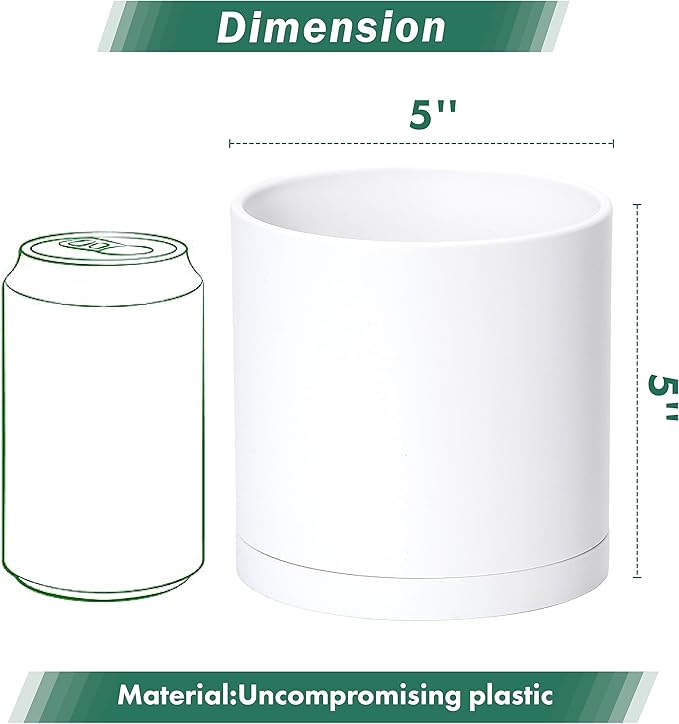 Planter Pots, Set of 2 Modern Matte White Plastic with Drainage and Saucers