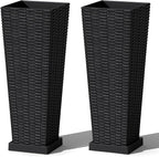 Greesum Set of 2 Tall Plastic Planters with Saucer, 24 Inch Large Pots with Drainage Trays, Weather-Resistant Plastic Plant Containers for Patio, Porch, Garden,Black