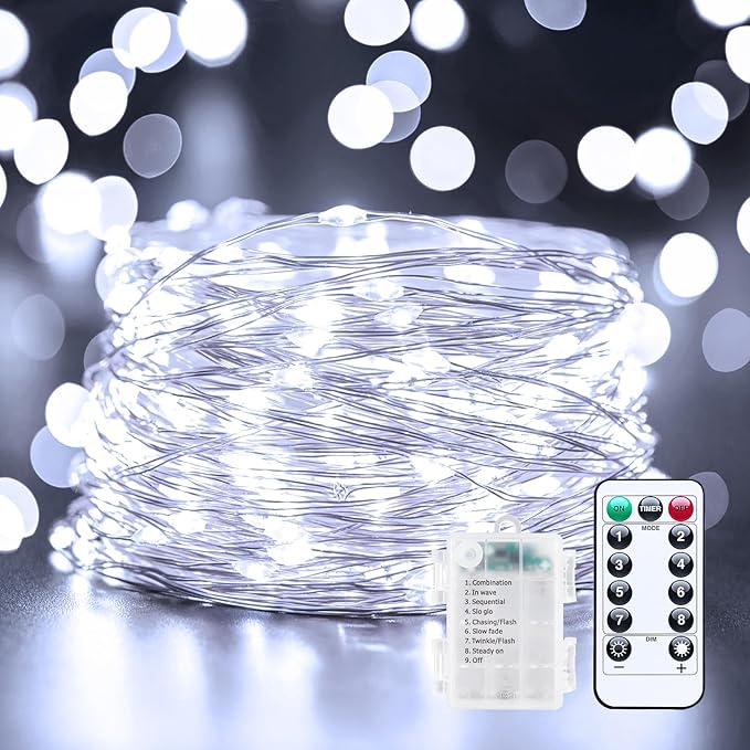 String Lights 33 Ft 100 LED Pure White Battery Powered Fairy Lights