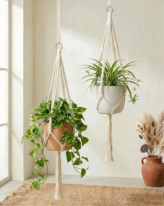 Bamworld Macrame Plant Hanger Indoor Hanging Planter for Plants Hanging Plant Basket Macrame Wall Hanging Planters Boho Decor Home Room Decor Aesthetic 36 Inches Ivory, Set of 2