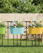 Railing planter box - 3 Pack Metal Hanging Flower Pots with Detachable Hooks & Drainage Holes, Window Oval Bucket Fence Hanging Planters for Outdoor Plants Garden Balcony Home Decor, Green Orange Blue